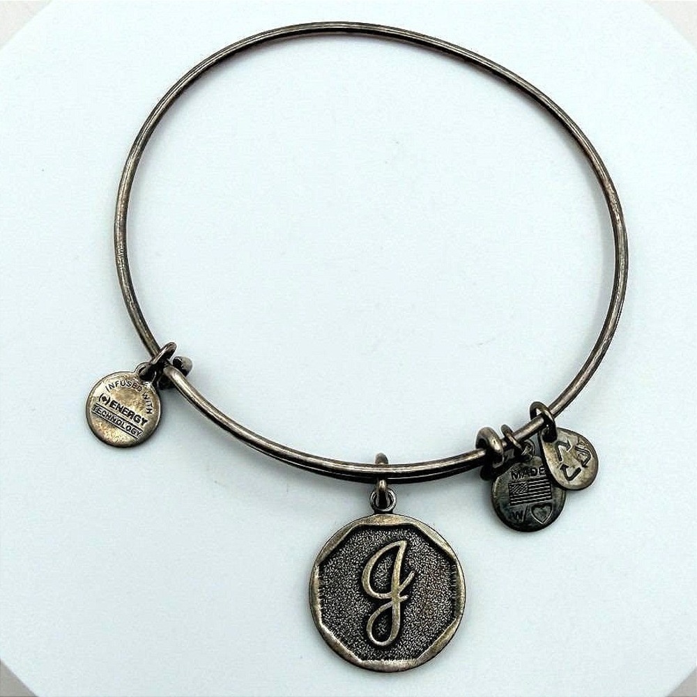 Vintage 90s Alex and Ani Silver Tone Initial Charm Bangle Bracelet Retro Jewelry